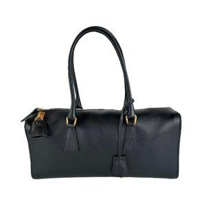 Prada Vintage Saffiano Black Leather Boston Bag